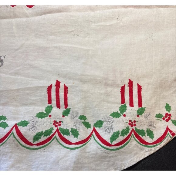 Vtg Christmas Tablecloth Round Red White Merry Christmas Candles Holly Tree 56" - Picture 4 of 12